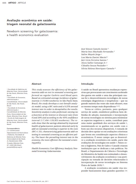 Avaliação econômica em saúde: triagem neonatal da galactosemia