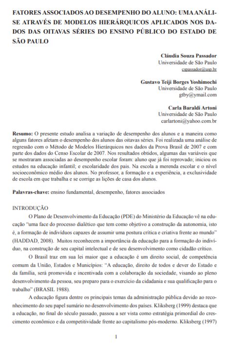 fatores associados ao desempenho do aluno: uma análise através de modelos hierárquicos aplicados nos dados das oitavas séries do ensino público do estado de são paulo