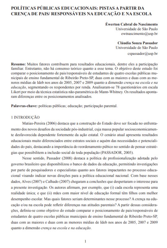 políticas públicas educacionais: pistas a partir da crença de pais/responsáveis na educação e na escola